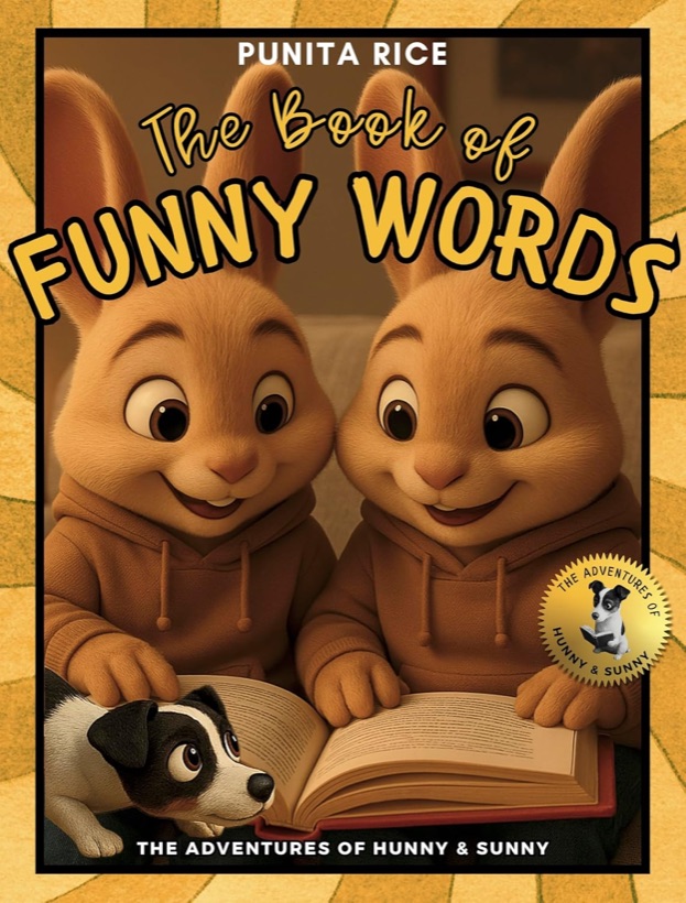 Cover of The Book of Funny Words, with Hunny and Sunny reading a book and a little dog beside them