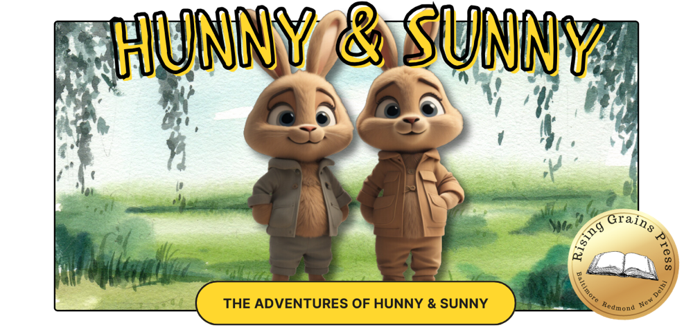 Hunny Bunny and Sunny Bunny standing side by side in a watercolor meadow, in matching jackets.